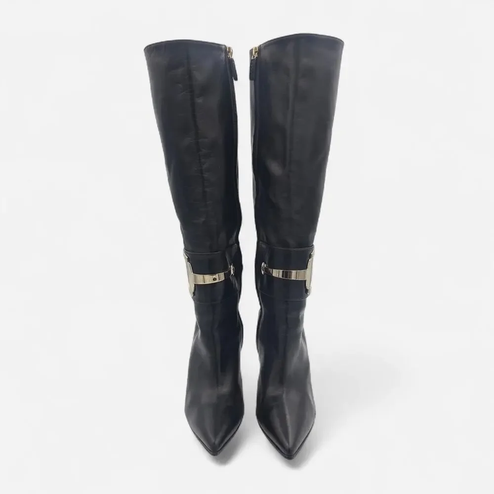 Vintage Gucci Black Leather Knee-high Boots with Horse Bit Detail